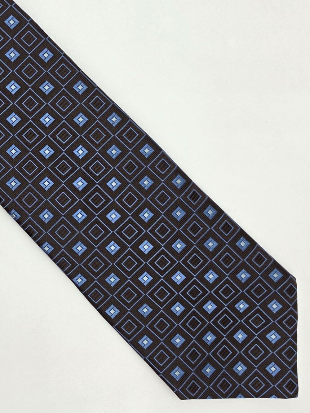 Nordstrom Brown Blue Squares Geometric Embroidered Silk Tie Necktie 3.5 x 59